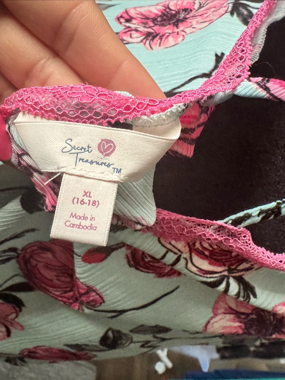 Secret Treasures Mint Floral Camisole with Pink Lace Trim - Picture 3 of 3